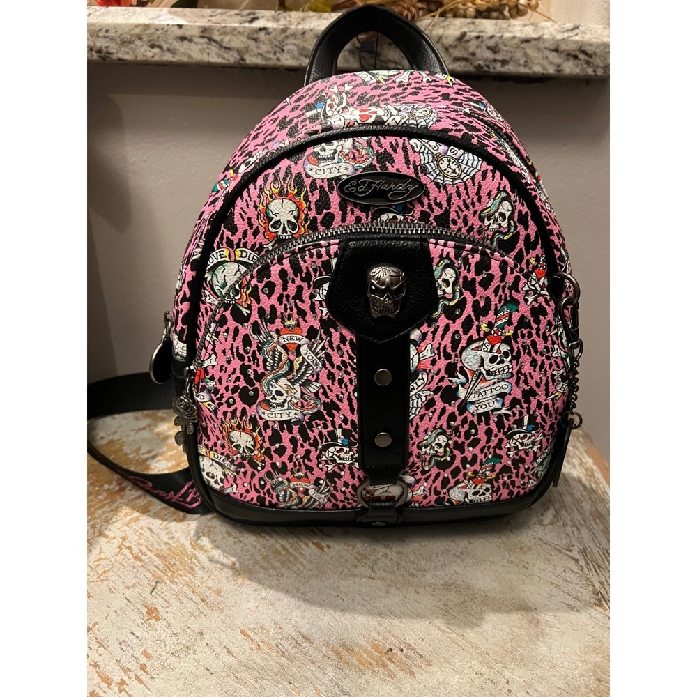 Ed Hardy Pink Leopard Tattoo Mini Backpack Skull Vegan Leather New York City